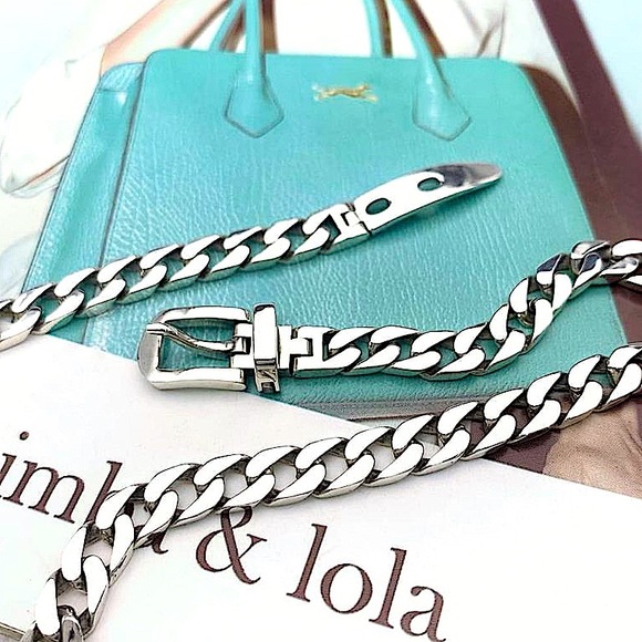 Belt Buckle Sterling Silver Cuban Chain Link Choker Necklace - Picture 5 of 10